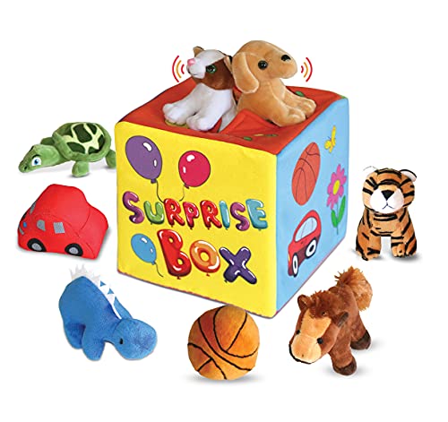 Bundaloo Surprise Box with Plush Toys - Whats Inside Soft Feely Box with 9 Plushies - Sensory Playset of Stuffed Animals with Squeaky Sounds - Suitable for Babies & Toddlers Aged 6 Months Old & Up