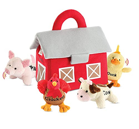 Bundaloo Plush Farm Animal Toys with Sounds - Plushie Play Set with Cute Talking Barn Animals in a Barn Carrier