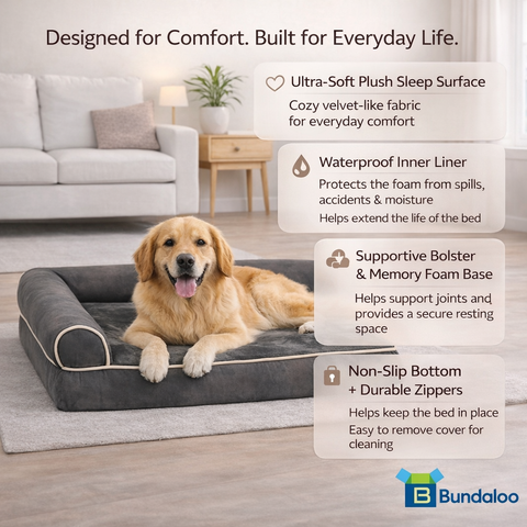 Bundaloo Orthopedic Memory Foam Dog Bed with Waterproof Liner & Washable Cover